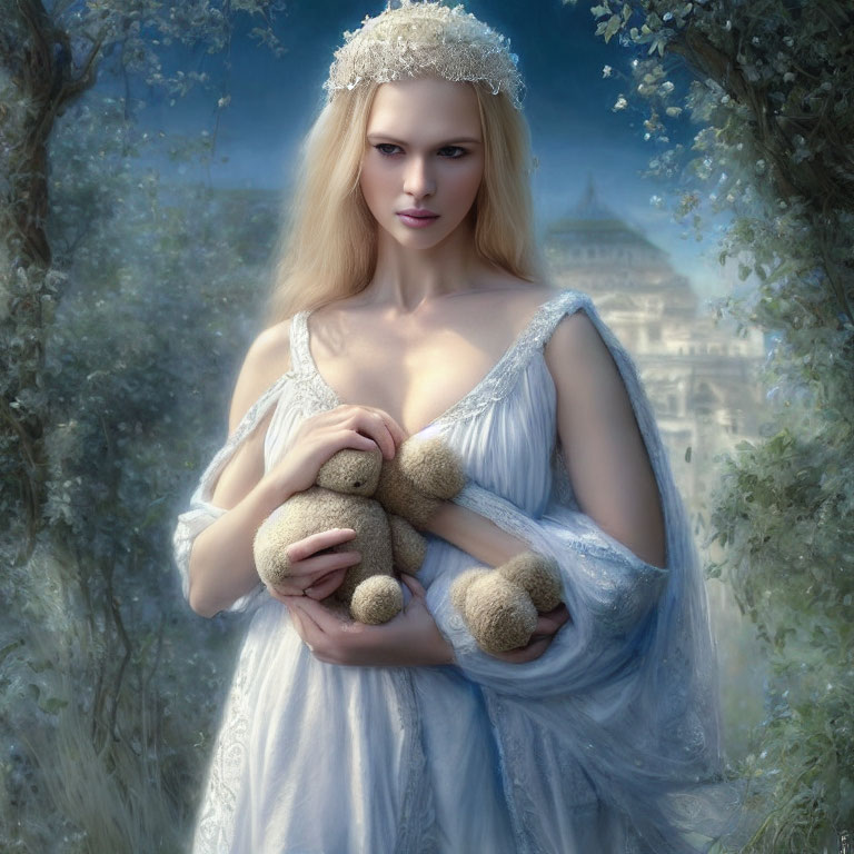 Woman in white gown with teddy bear in mystical forest with classical dome structure