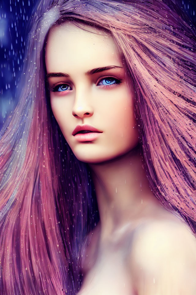 Young woman with blue eyes and pink-tinted hair in snowfall scenery