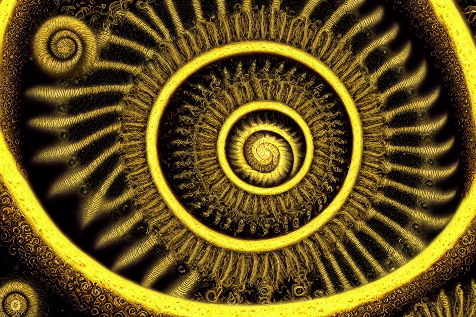 Abstract fractal image with gold and black spiral patterns