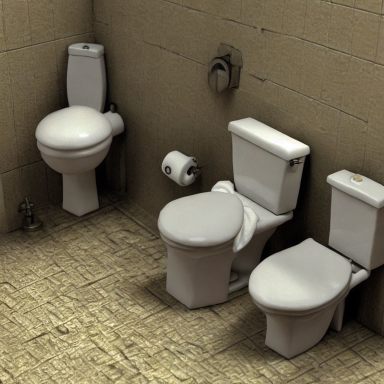 Three toilets closely installed in small bathroom with beige tiles