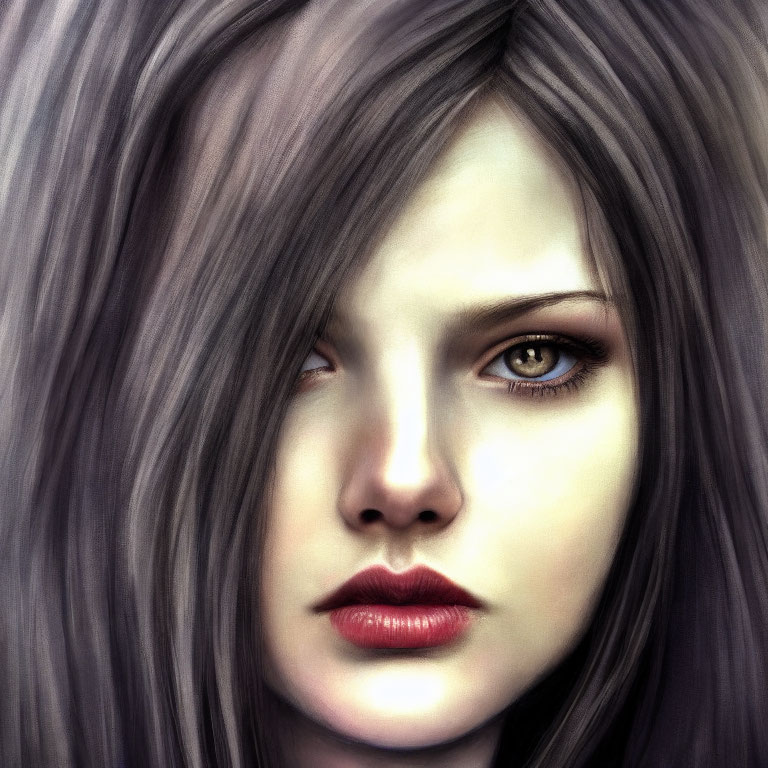 Realistic digital artwork of a woman with grey hair and amber eyes