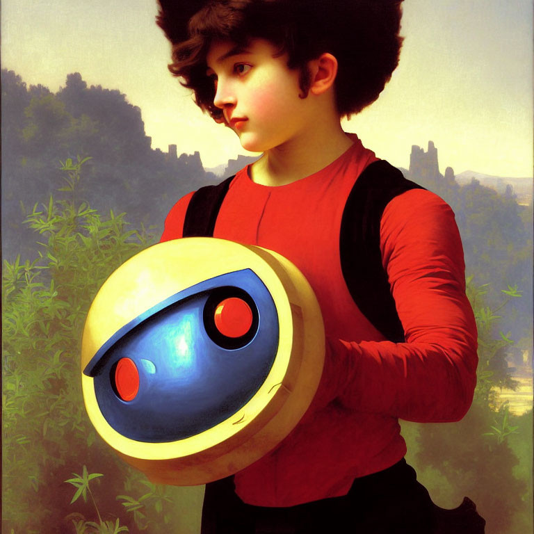 Person in Red Shirt Holding Blue and Yellow Spherical Object with Red Buttons