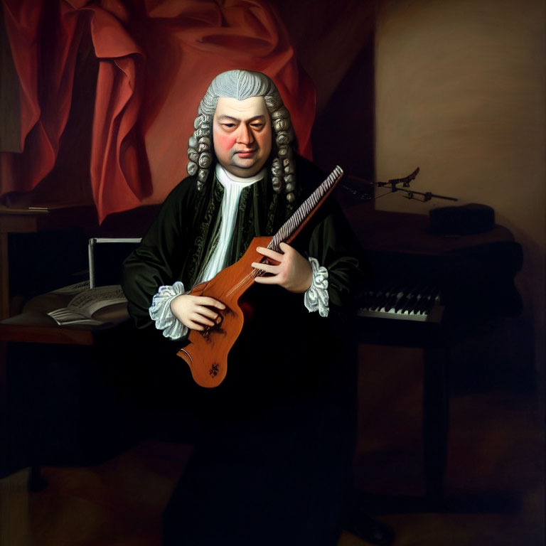 Portrait of man in historical dress with stringed instrument in room with piano