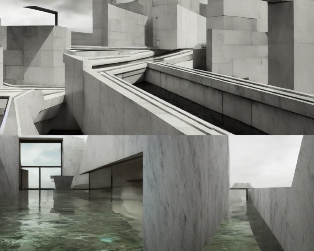 Abstract Architectural Collage with Stairs, Platforms, and Water Elements