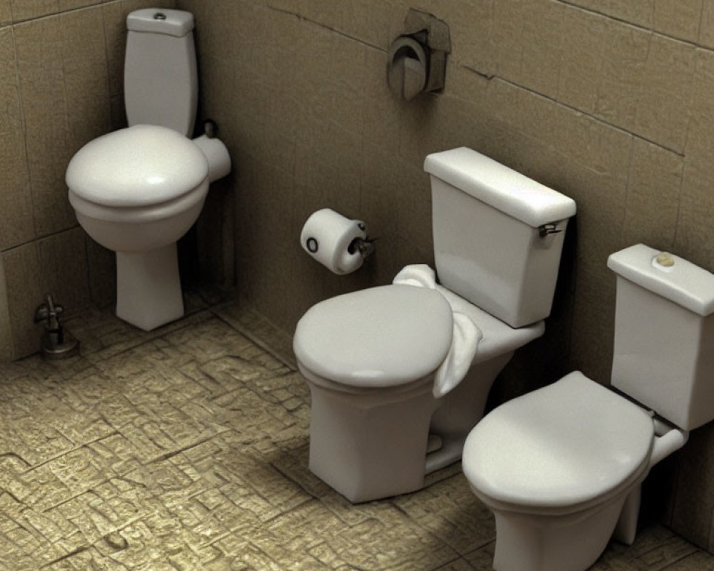 Three toilets closely installed in small bathroom with beige tiles