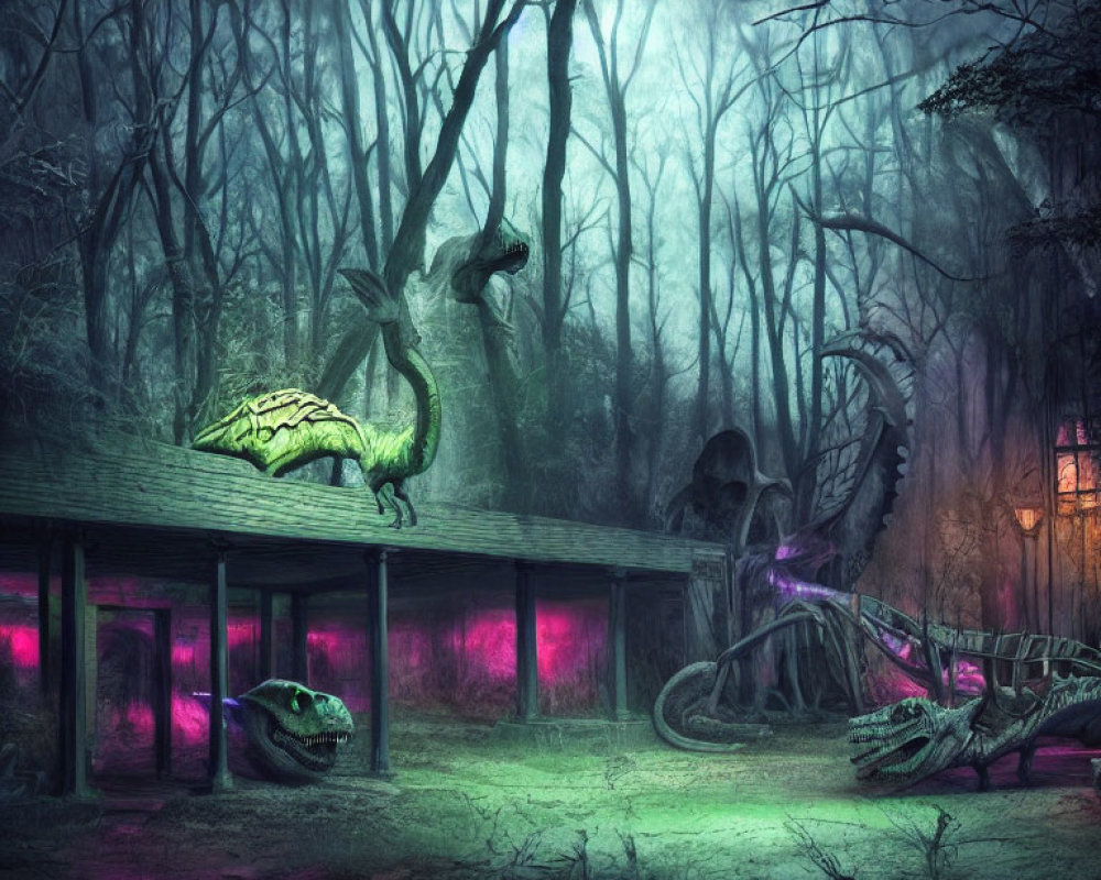 Mystical forest scene at night with neon-lit dragons resting in foggy ambiance