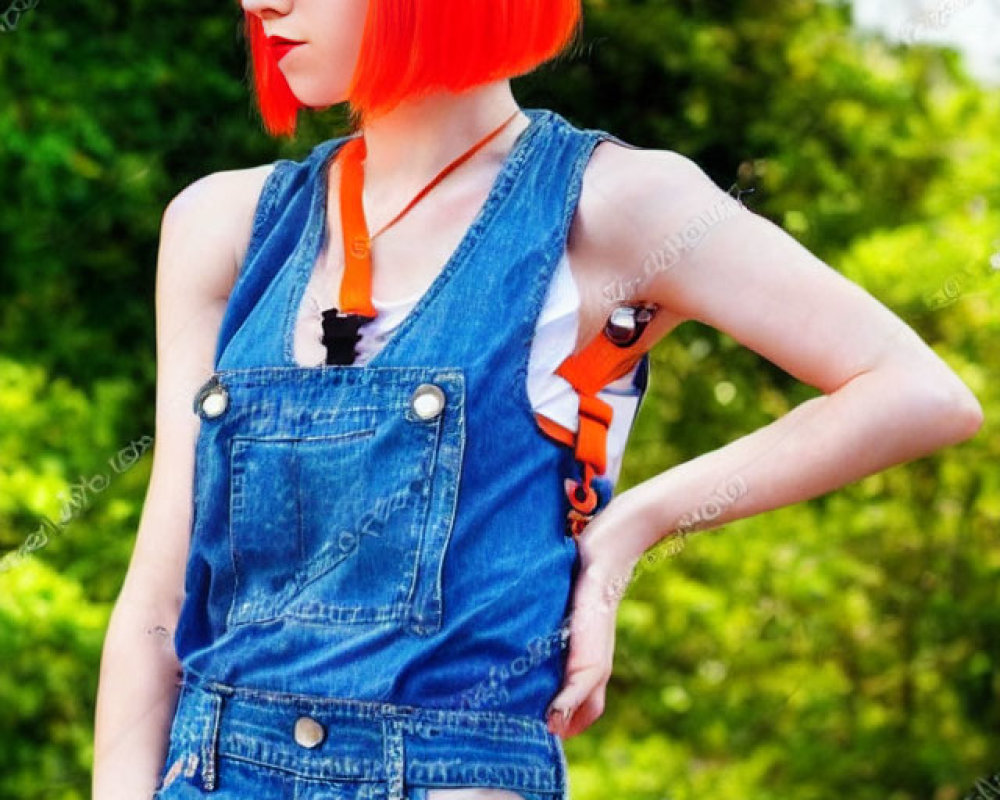 Bright Orange Haired Person in Bob Cut Wearing Denim Overalls