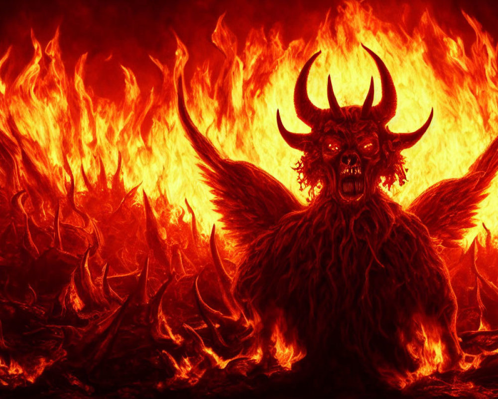 Horned demonic figure with wings in fiery backdrop