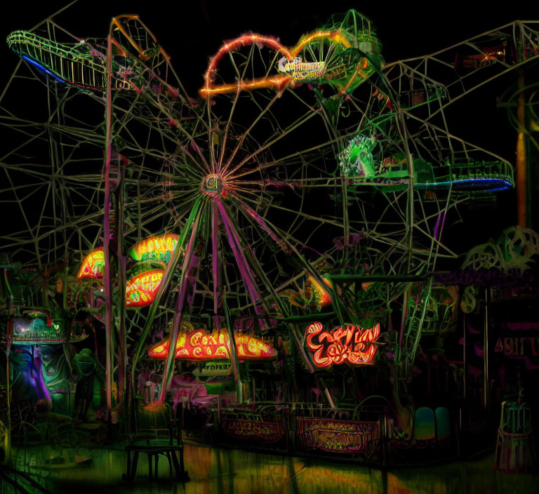 Vibrant neon-lit amusement park at night with Ferris wheel and roller coaster