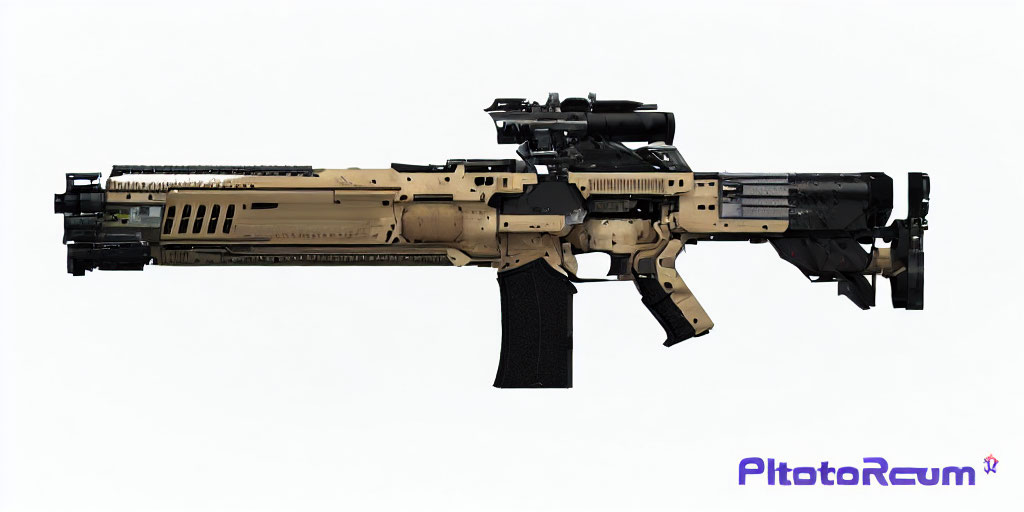 Tan and Black Assault Rifle with Scope and Magazine on White Background