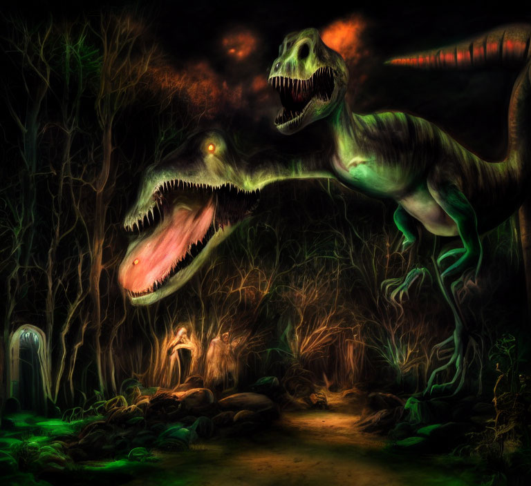 Digital artwork: Glowing-eyed dinosaurs in eerie forest with mysterious door