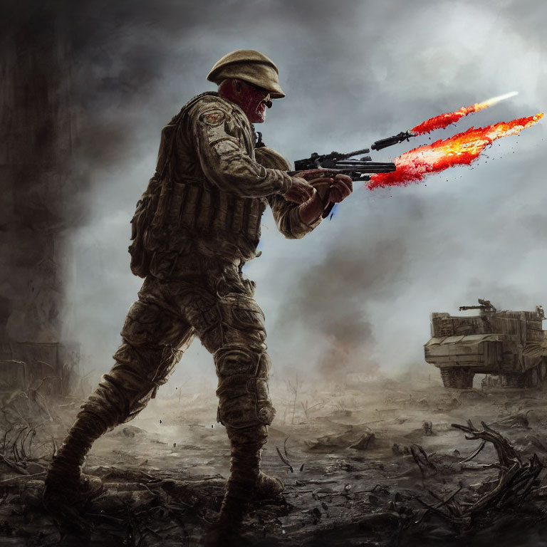 Soldier in battle gear firing weapon in war-torn landscape.