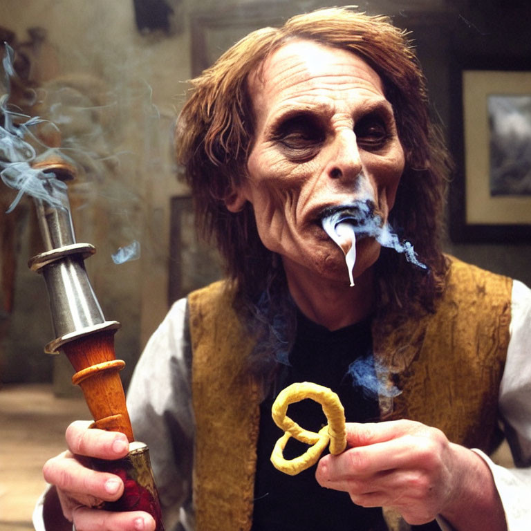 Exaggerated aged makeup ghoulish character smoking pipe with twisted smoke spiral