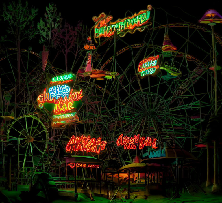 Cyrillic Script Neon Lights in Empty Amusement Park at Night