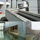 Abstract Architectural Collage with Stairs, Platforms, and Water Elements