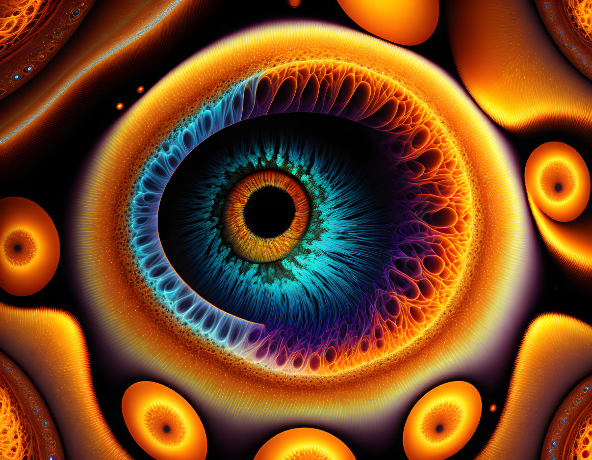 Intricate Blue, Orange, and Black Fractal Eye Art