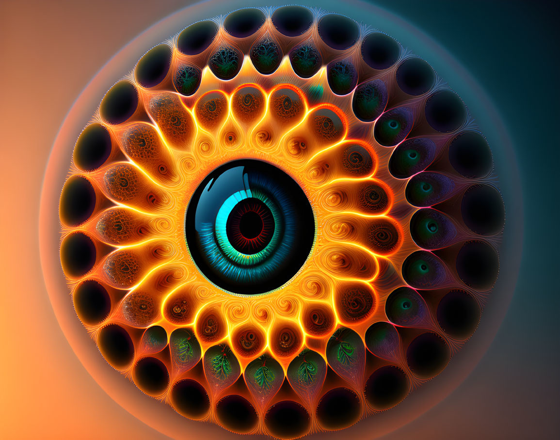 Vibrant digital artwork featuring surreal eye and intricate patterns