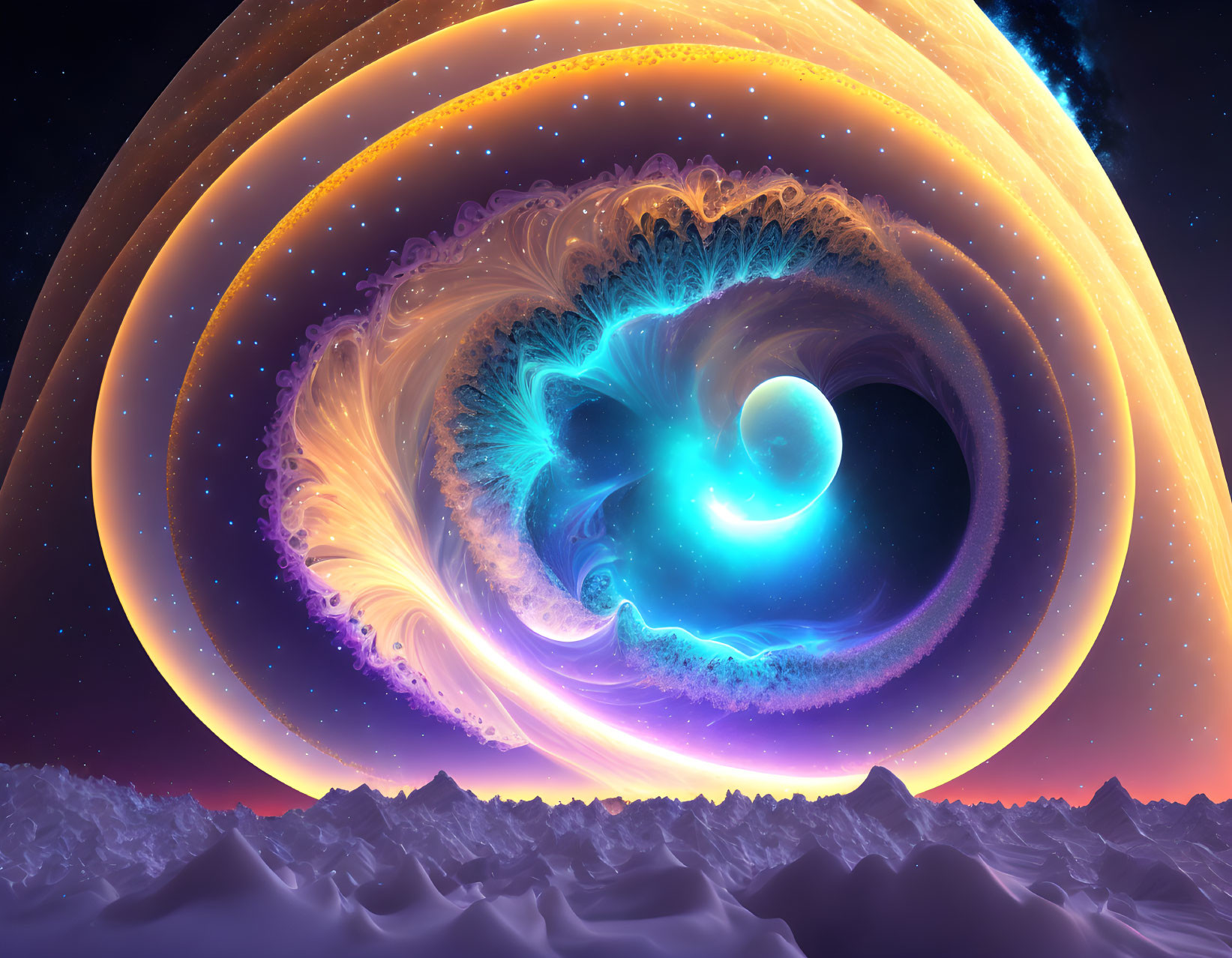 Colorful fractal spiral art over alien landscape with cosmic sky