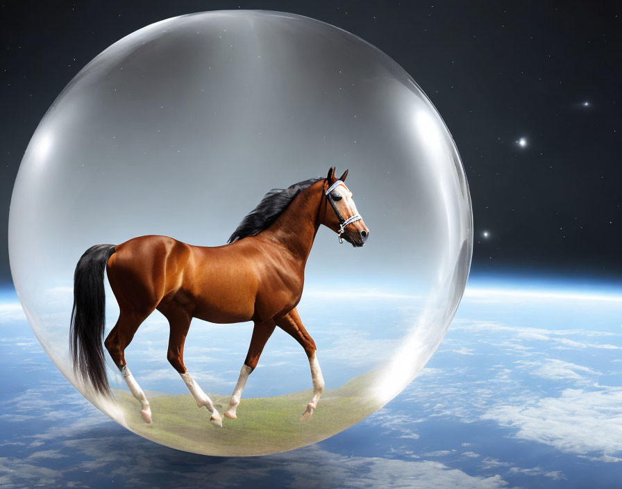 Horse in transparent bubble in space with Earth and stars.