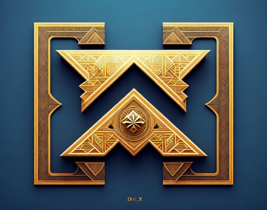 Golden emblem with geometric patterns on deep blue background