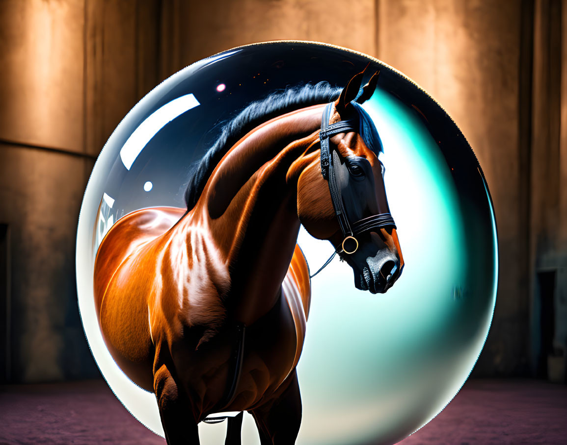 Shiny reflective bubble surrounds horse in surreal digital art