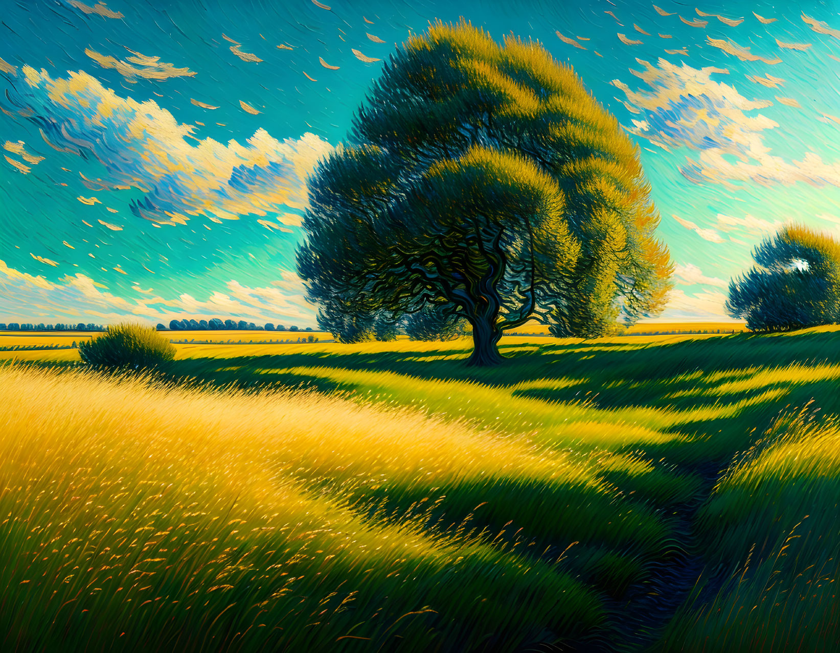 Colorful landscape painting with central tree, yellow fields, and swirling blue sky