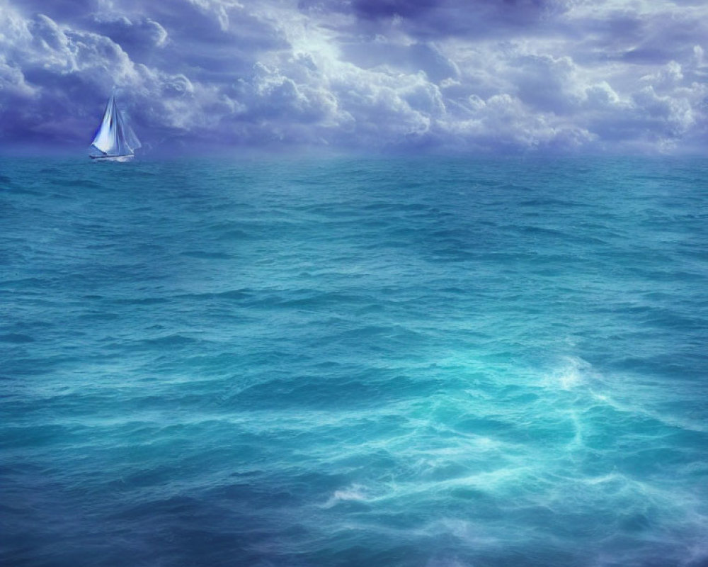 Sailboat sailing on deep blue ocean under purple sky
