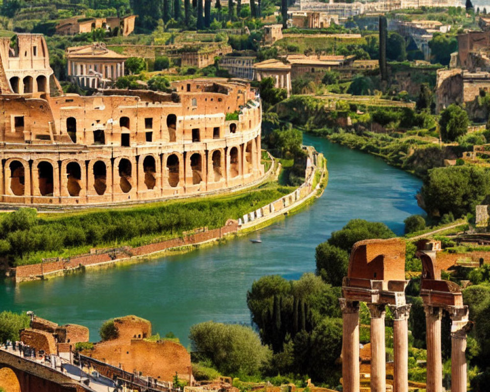 Ancient Roman ruins and Colosseum with River Tiber and hills in scenic view