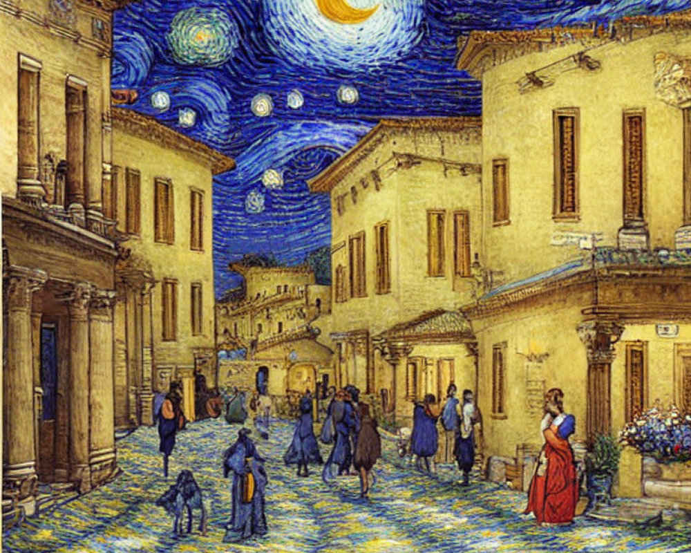 Interpretation of Starry Night with bustling village square