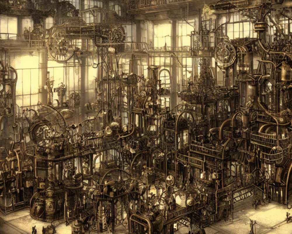 Detailed Steampunk Factory Interior with Gears, Pipes, Machines, and Workers