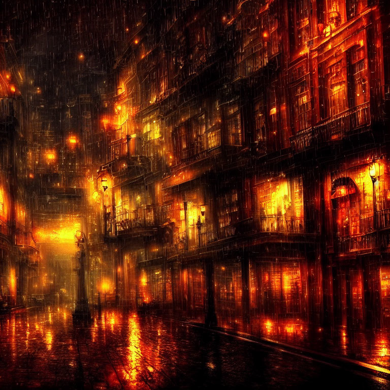 Rainy Evening: Lamppost and Old Buildings on Wet Cobblestone Street