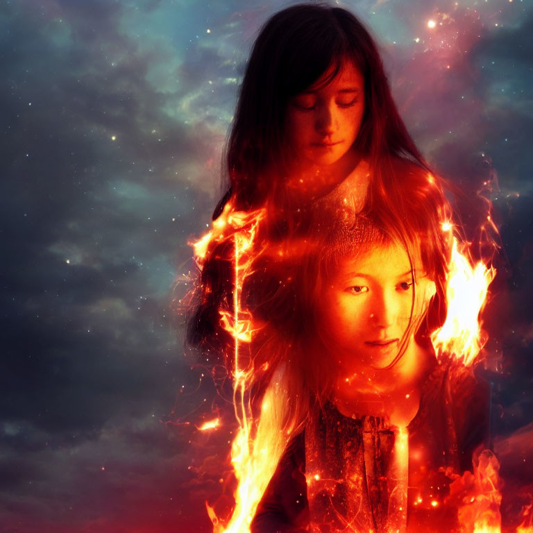 Fiery and ethereal duo under starry sky gaze.