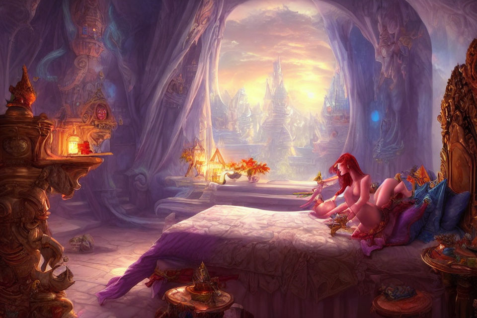 Red-haired woman in fantasy bedroom with magical cityscape view