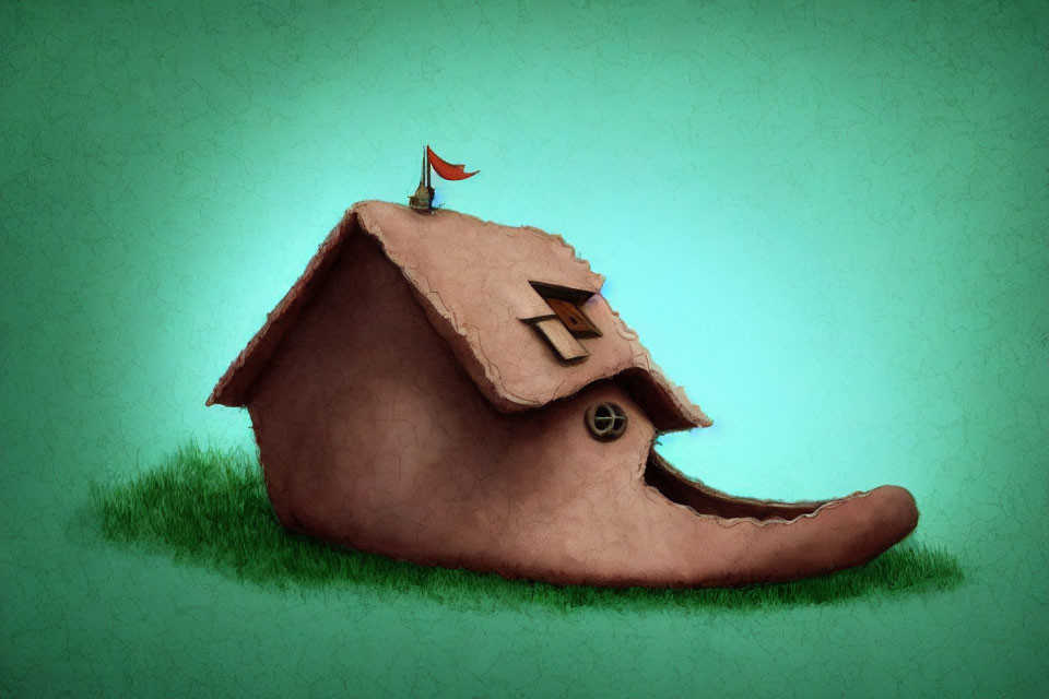 Whimsical boot-shaped house illustration on green background