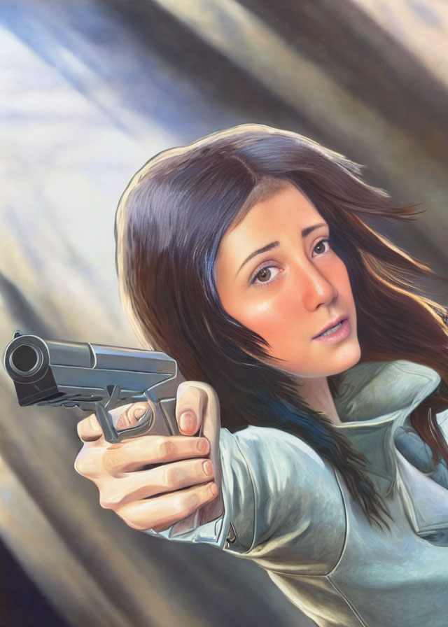 Digital painting of woman with pistol, brown hair, and focused expression