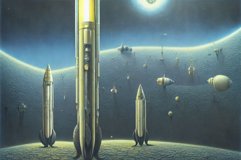 Surreal landscape with upright rockets, orbs, and vortex