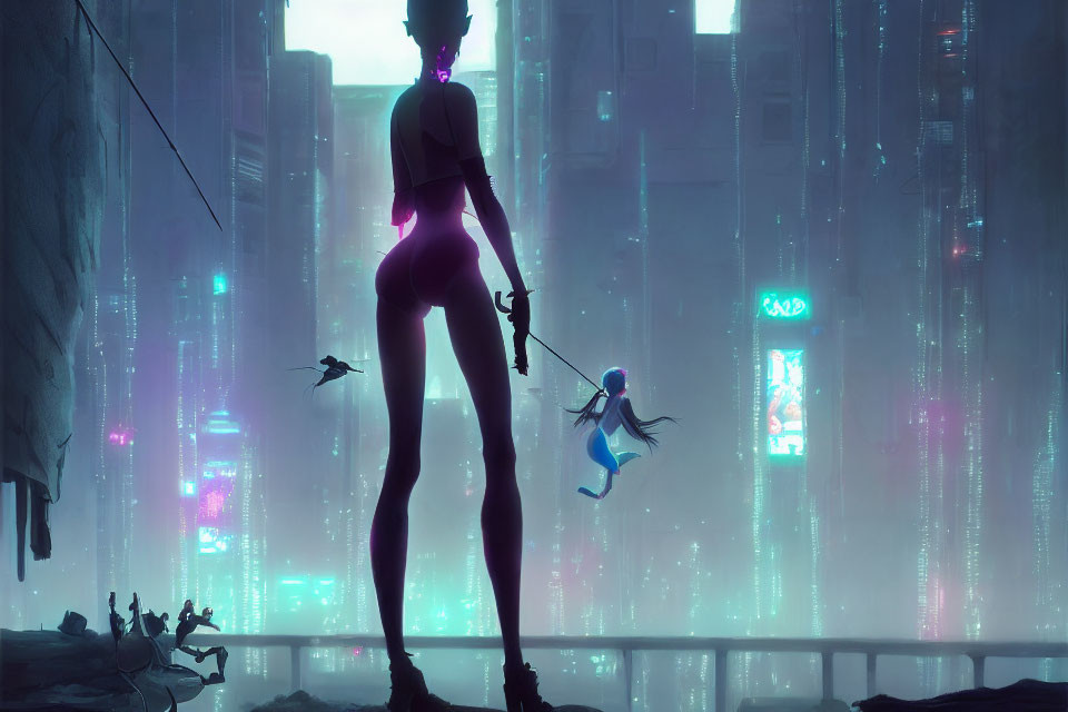 Futuristic cityscape with giant woman, neon signs, and swinging figure