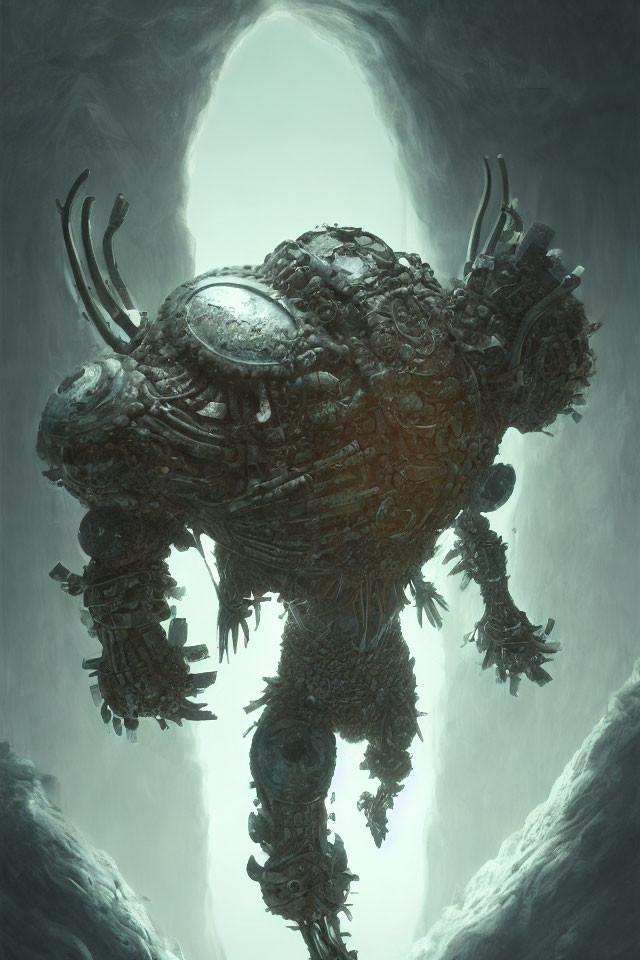 Biomechanical creature with tentacles in misty cave environment