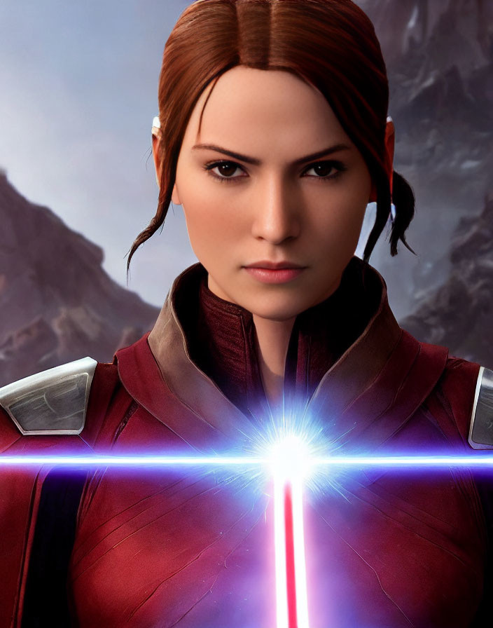 Female character with brown hair wields glowing lightsaber in rocky setting