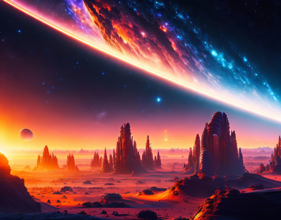 Colorful sci-fi landscape with towering rock formations and starry sky.