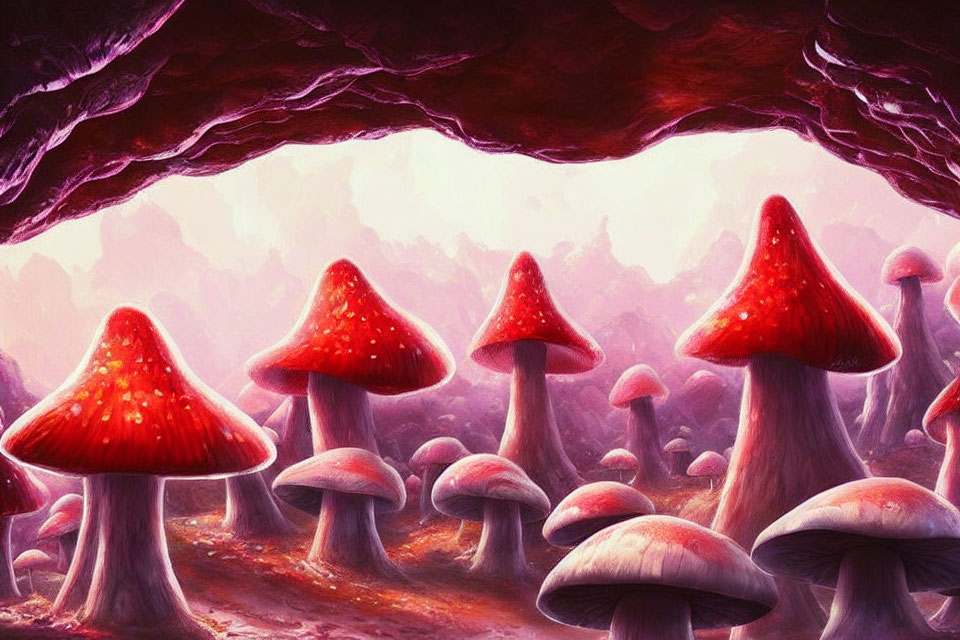 Vibrant Mushroom Forest with Red-Capped Fungi in Purple Sky