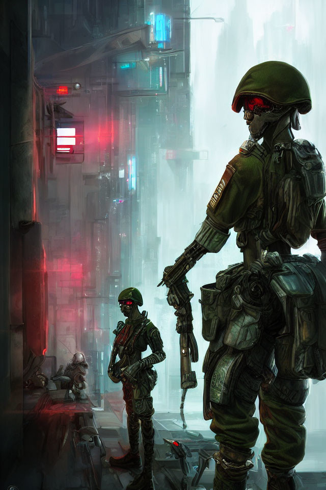 Futuristic armored soldiers in neon-lit dystopian cityscape