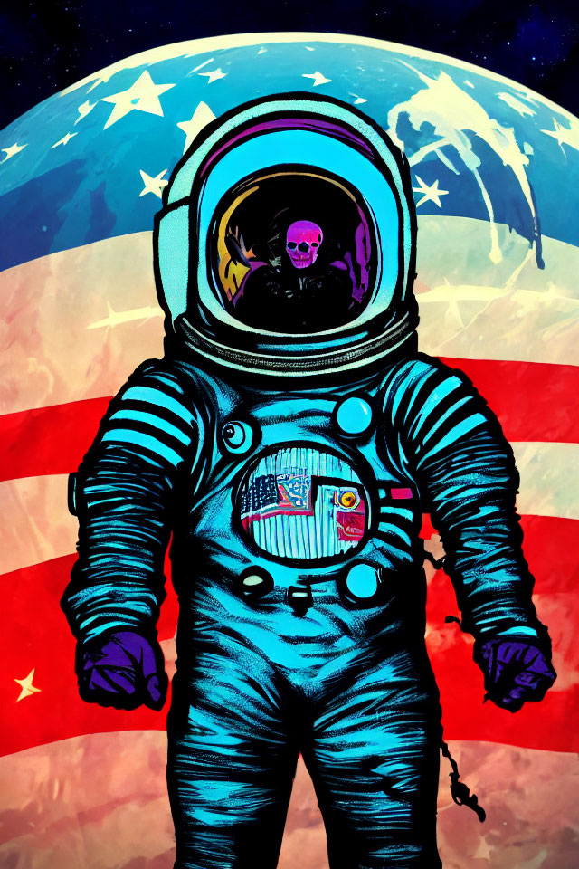 Astronaut in space suit with skull inside helmet, cosmic backdrop, and abstract flag design.