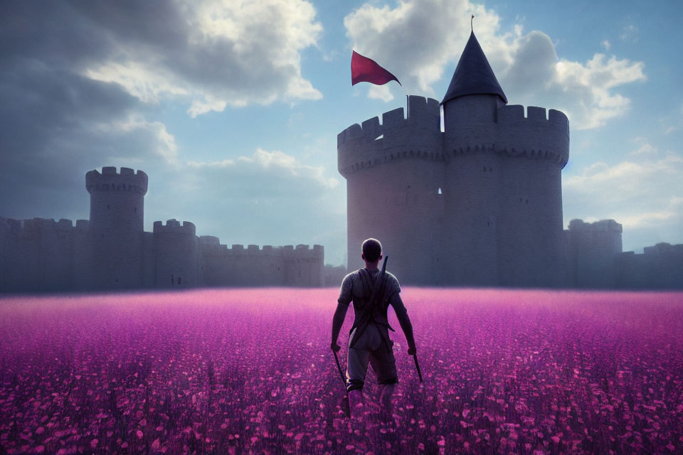 Medieval person in front of castle with towers and purple flowers under cloudy sky