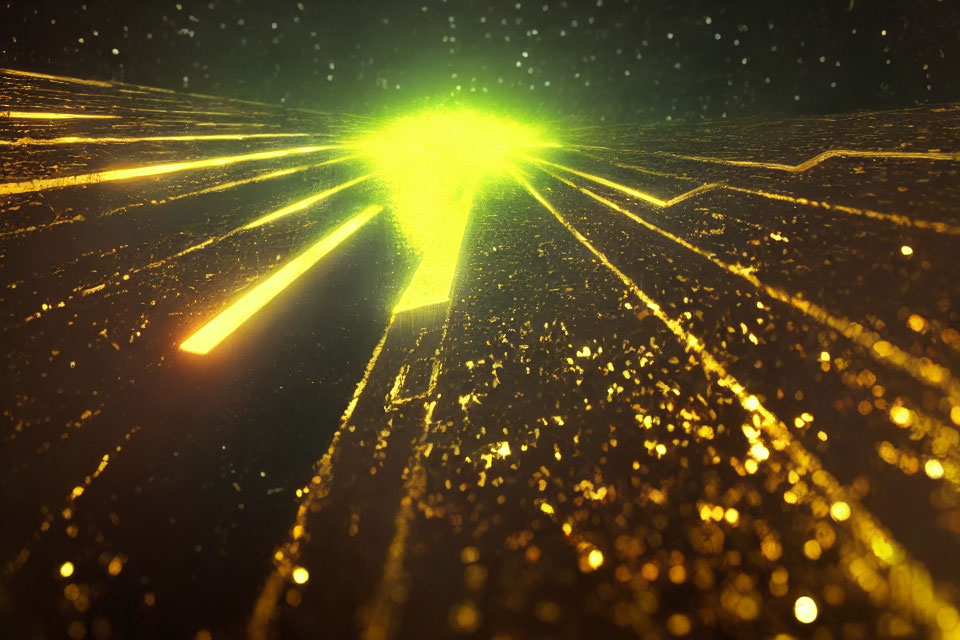 Yellow and Green Light Beams on Sparkling Golden Starfield