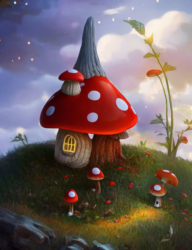 Whimsical mushroom house surrounded by lush greenery at twilight