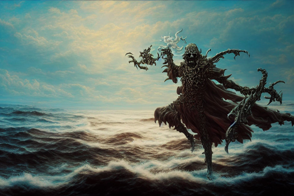 Armored figure floating above stormy ocean with ornate armor in dramatic scene