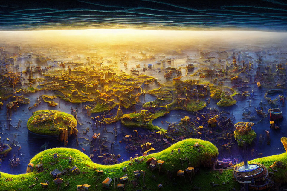 Mystical landscape with luminous vegetation, floating islands, and ancient ruins beneath shimmering water