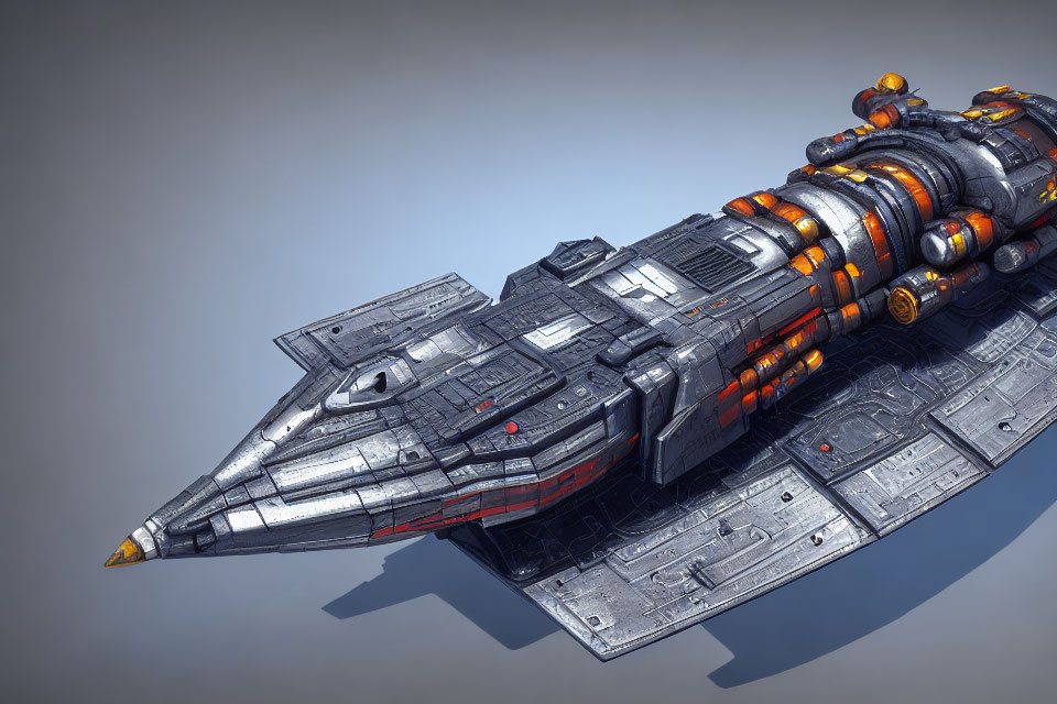 Detailed Futuristic Spaceship Model with Gray Metallic Plates and Orange Accents on Gradient Background