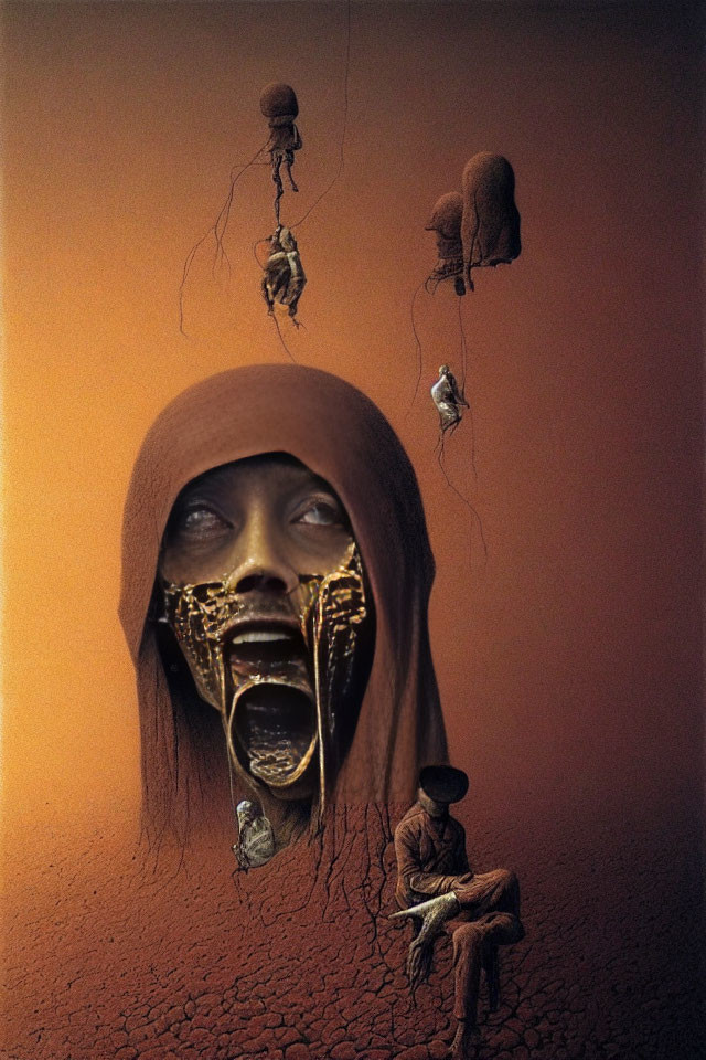Surreal artwork: large head with golden interior, dangling figures, seated person